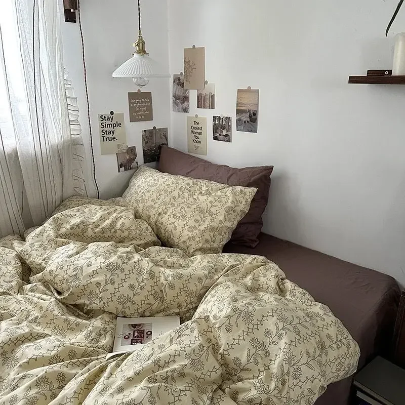 Vintage Floral Bedding Set Ins Single Double Size Duvet Cover No Filler Flat Sheet Pillowcase Soft Girls Home Bed Linens