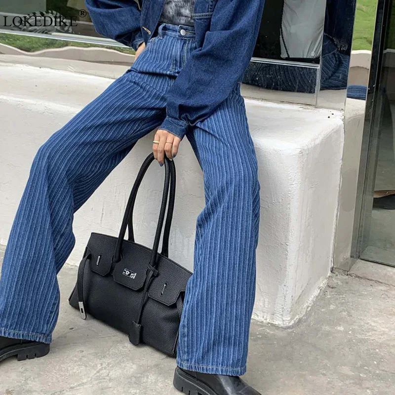 

Blue Striped Wide Leg Pants Streetwear High Waist Women Jeans 2022 New Spring Summer Fashion Baggy Denim Trousers