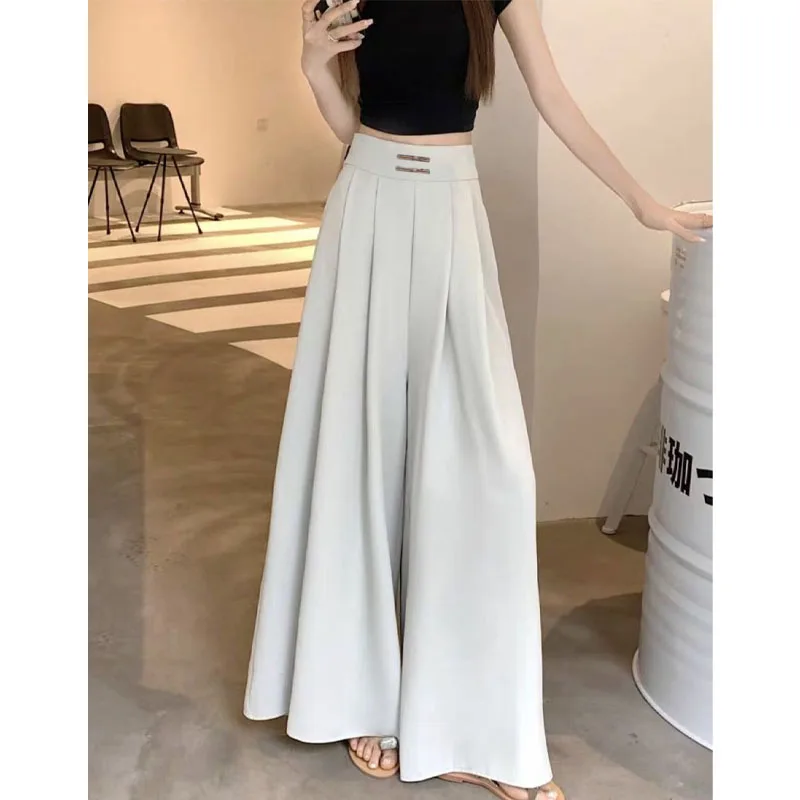 Female Simplicity Solid Color Fashion Pleated Wide Leg Pants Loose Casual High Waist Spliced Trousers Summer Women's Clothing