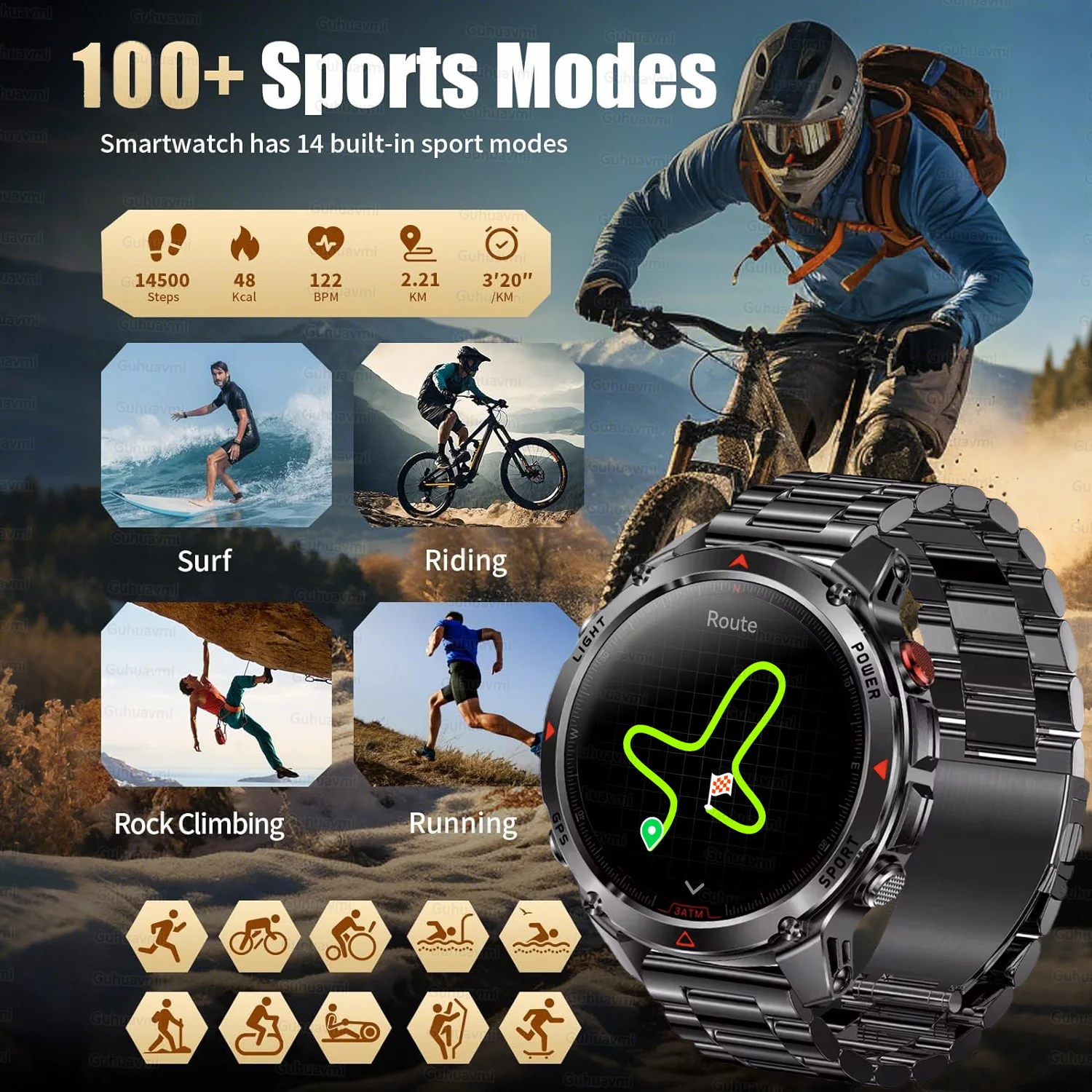 Jam Tangan Pintar GPS Petualang Multi-band 6-satelit Tahan Air 3ATM Layar AMOLED 466*466 Baterai 540mAh Kompas 170+ Mode Olahraga Untuk Pria