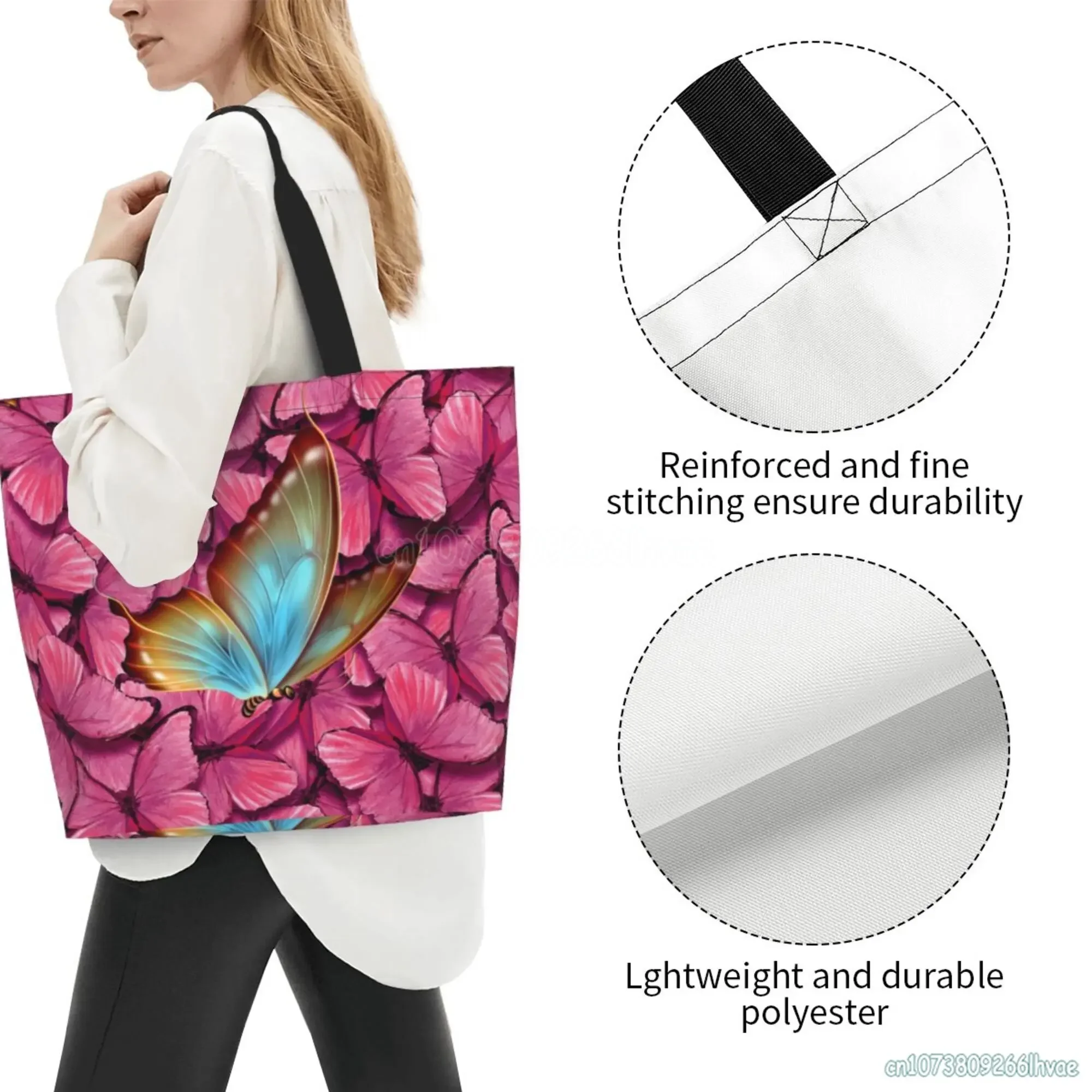 حقيبة كتف على شكل فراشات ملونة، حقائب حمل محمولة، حقائب تسوق بقالة ذات سعة كبيرة، حقيبة خفيفة الوزن وقابلة لإعادة الاستخدام وقابلة للطي