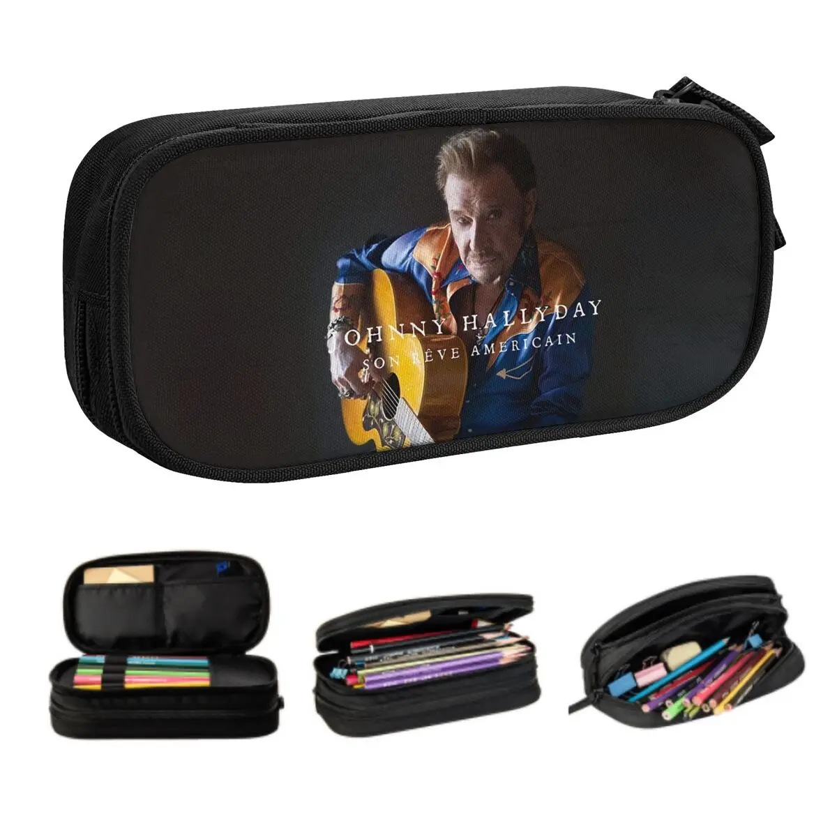 Trousse à crayons personnalisée Johnny Hallyday Son Reve Americain Kawaii, grande capacité, pochette à crayons pour chanteur de Rock français, accessoires scolaires