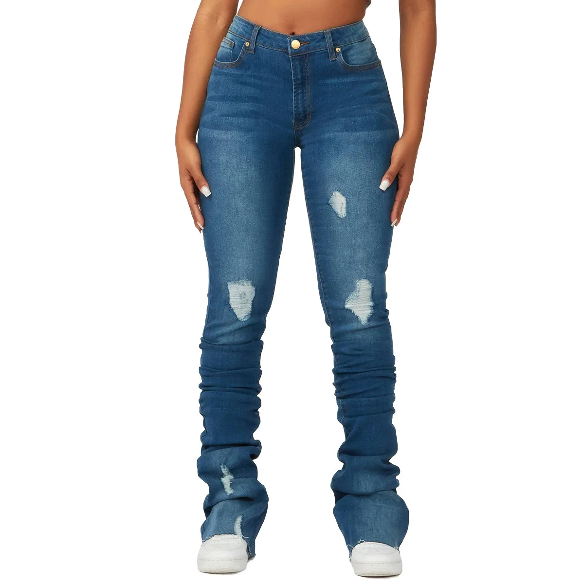 Gewaschene Jeans gerade Hosen Frauen knöchel lange Jeans zerrissenes Loch Distressed Taschen solide lässige dünne Vintage hohe Taille