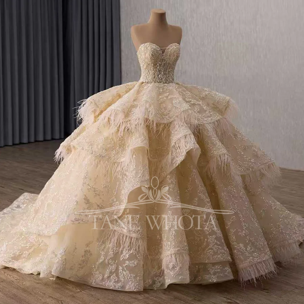 Champagne Color Customizable Evening Gown Women's Sweetheart Sleeveless Lace Up Back Sequined Tiered Luxury Dress