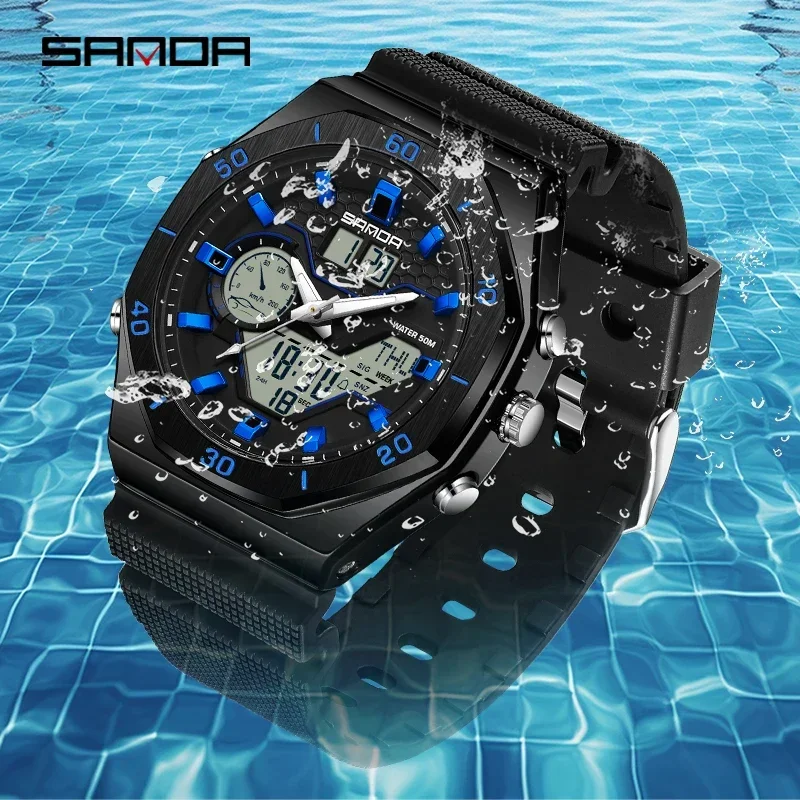 SANDA Orologio militare da uomo multifunzionale LED luminoso Doppio display Orologio elettronico Marchio di lusso 2024 Orologio da uomo di nuova moda 6209