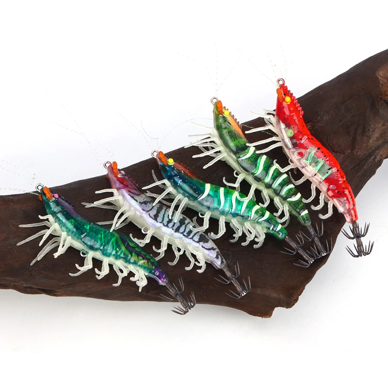 Fishing Squid Jigs Cuttlefish Lures with 3D Holographic Eyes & Treble Hook Luminous Shrimp Prawn Sleeve Jig Hooks for Octopus