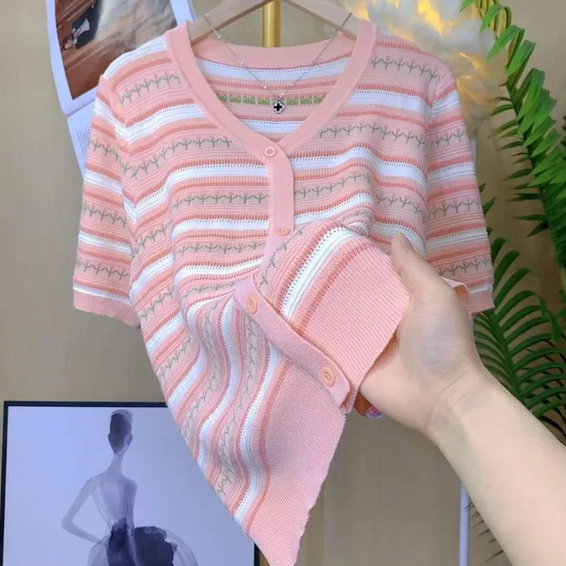 Tops T-shirt Women's Summer Plus Size Cut-out Thin Knit Short Sleeves Dopamine Youthful Loose Fit Comfortable Minimalist Casual
