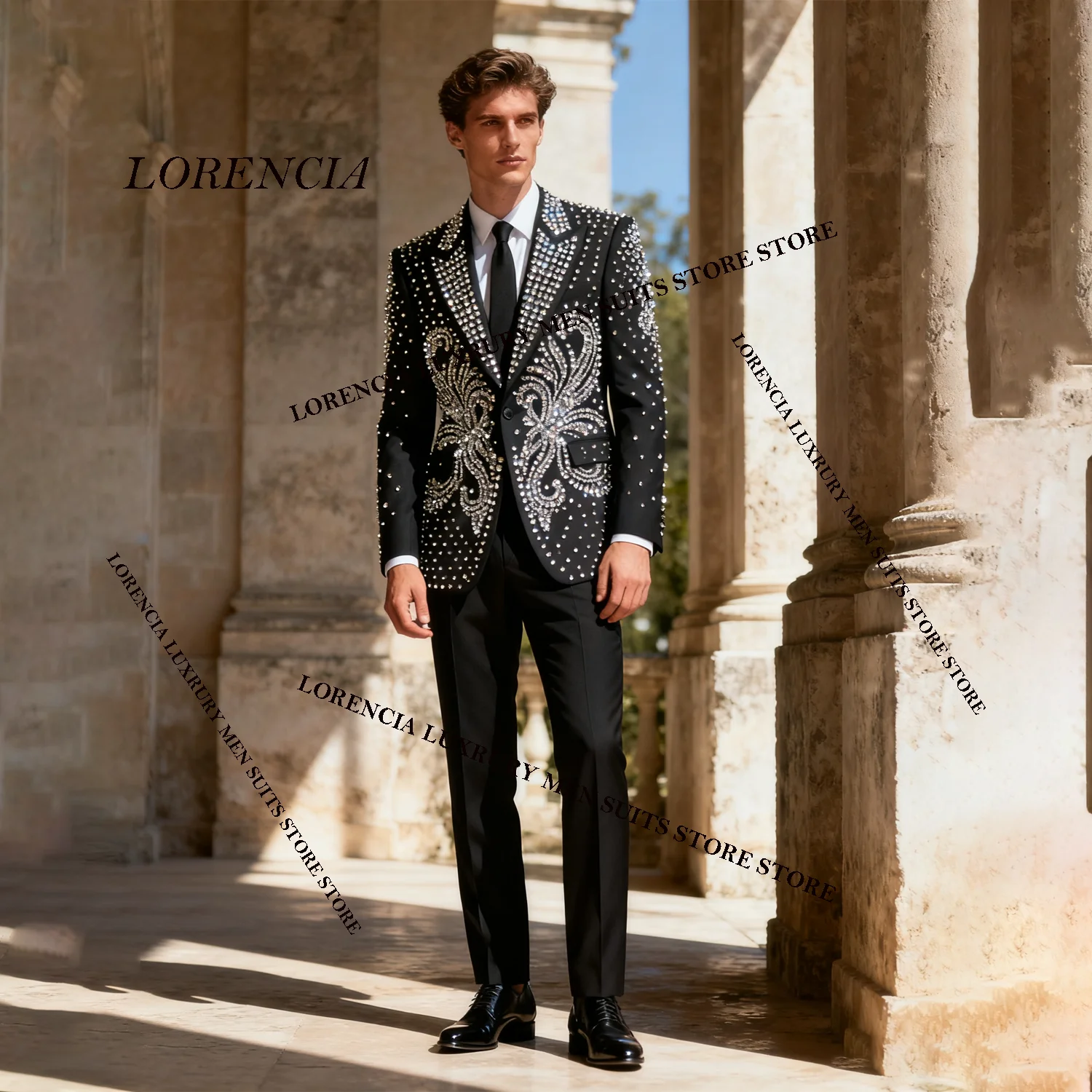 

Diamond Ornament Tuxedos Men Suits Peaked Lapel 2 Pieces Sets Male Square Blazers Customized Wedding Groom trajes para hombre