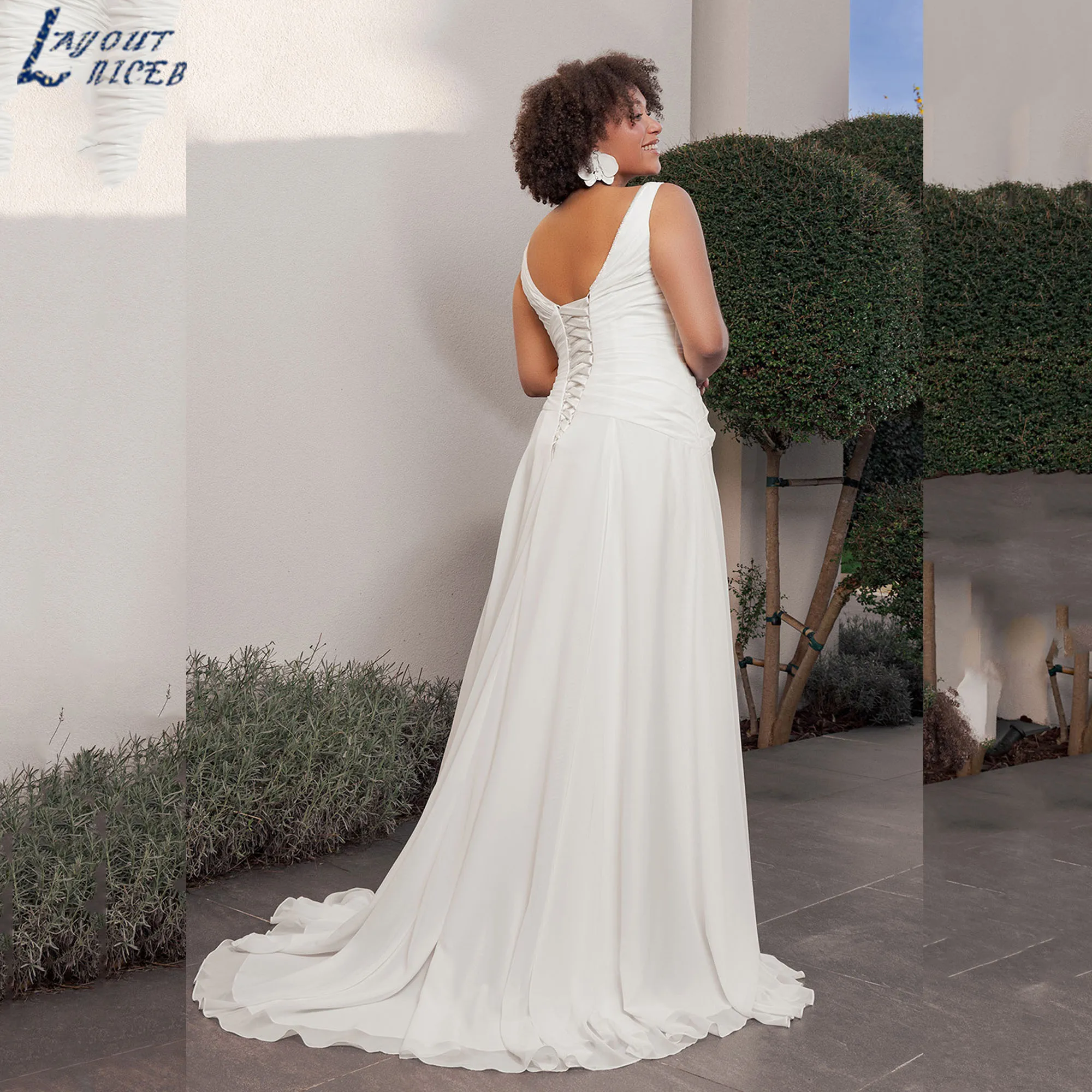 Plus Size Bridal Dress Simple Elegant Chiffon V-Neck Sleeveless Wedding Gown Boho Backless Lace Up vestidos de novia Customized