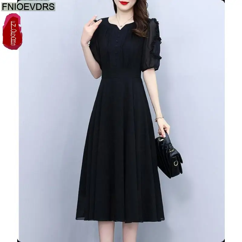 느슨한 옷 여성 2025 여름 패션 사무실 레이디 기본 버튼 프릴 레트로 빈티지 레이디 우아한 블랙 셔츠 드레스
