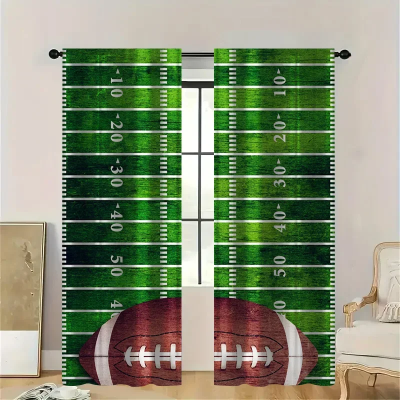 

2 шт. шторы с рисунком футбольного поля, спортивный тематический домашний декор с маркировкой двора и прошитым дизайном мяча, зеленый/белый/коричневый
