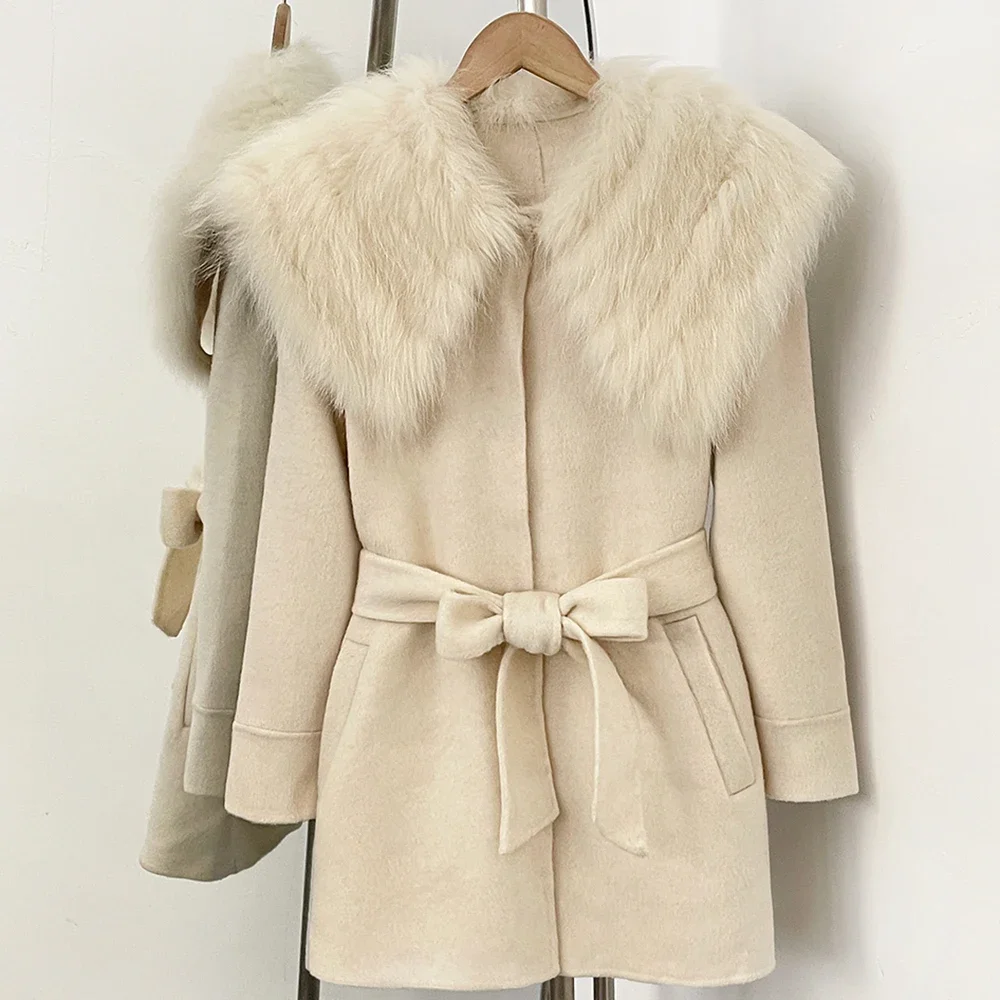 Elegant Fur Coat Double Face Wool Blend Jacket Belted Waist Thick Outerwear Premium Winter Fashion Warm Layer for Office Wear