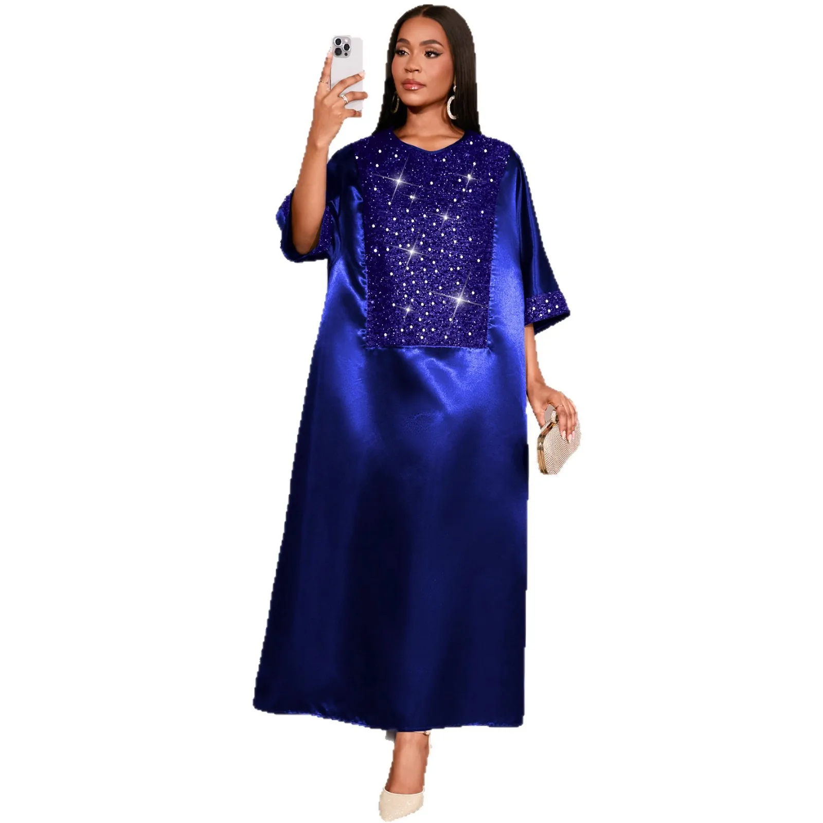 

African Ethnic Round Neck Sequined Loose Robe Party Long Dress With Half Sleeves One Size