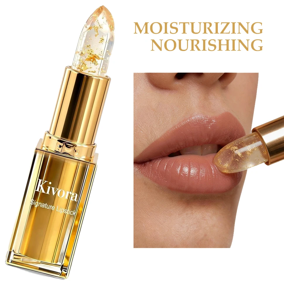 Kivora Non-Sticky Lip Gloss Gold Crystal pH Color Changing Lip Balm Moisturizing Hydrating Clear Lip Stick Natural-Looking Lips