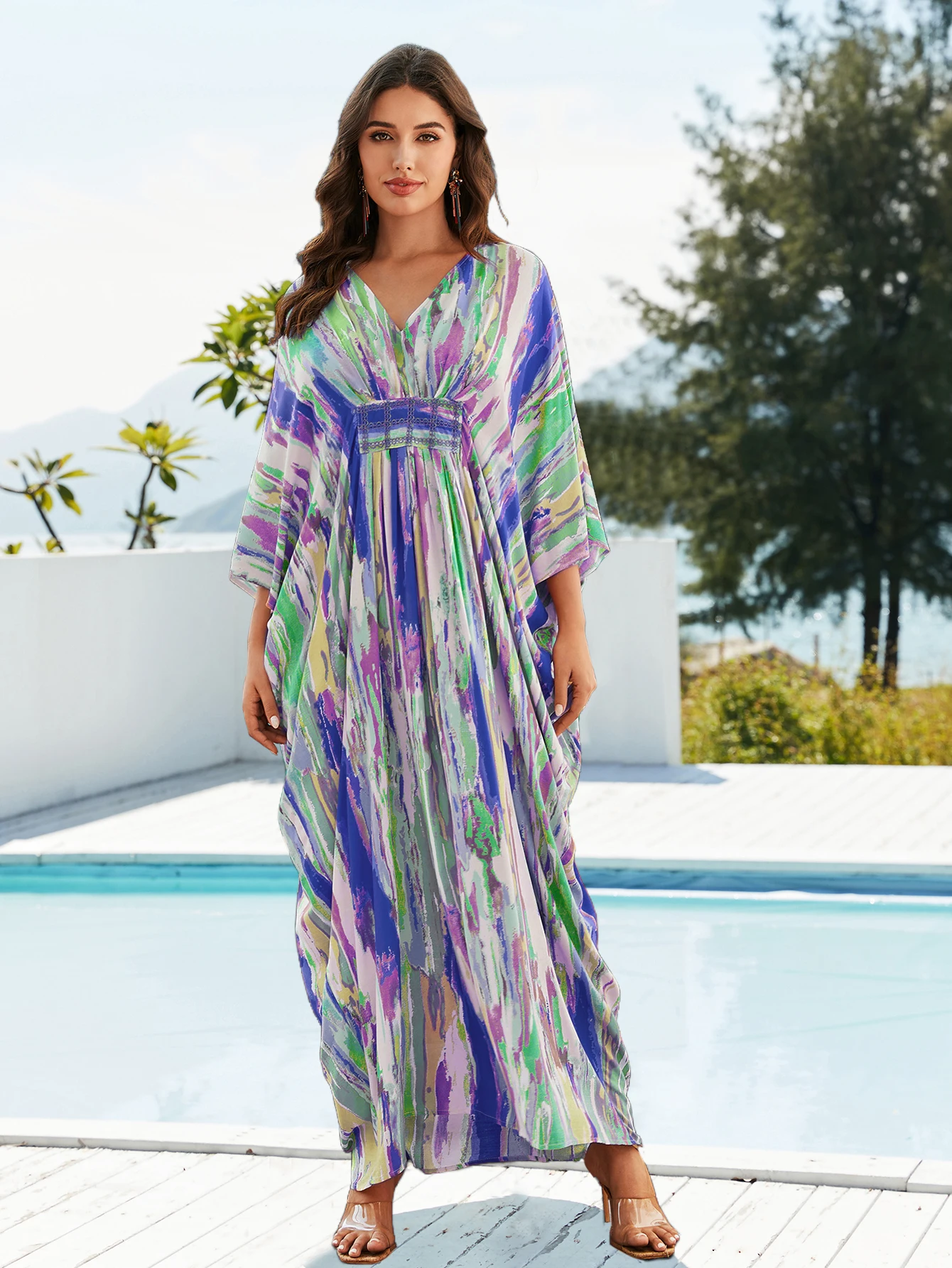 Sexy V-neck Tie dye Batwing Sleeve Oversize Summer Kaftan Beachwear Swimsuit Cover Up 2024 Women Vacation Cozy House Dress Tunic