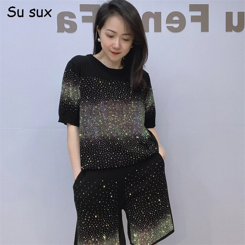 

Knitted Short Pant Suits Womens 2 Piece Set 2024 Spring Summer Casual Sequins O Neck Short Sleeve Top Outfits Matching Sets Femm