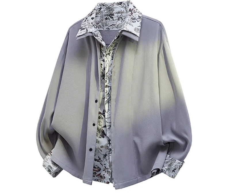 2025 الربيع والخريف جديد الرجال وهمية قطعتين المرقعة قميص أبيض الراقية طباعة النبات عادية أسود رمادي كم طويل قميص