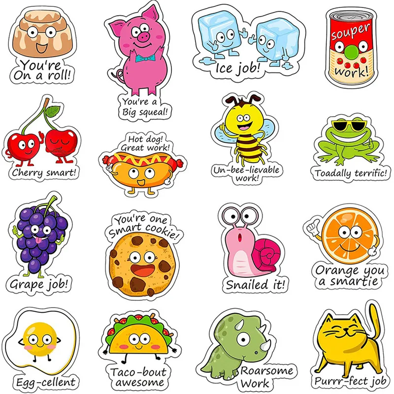 56 Uds. Pegatina de dibujos animados inspiradora en inglés mezclado buen trabajo excelente pegatinas de animales lindos pegatina divertida de recompensas punny