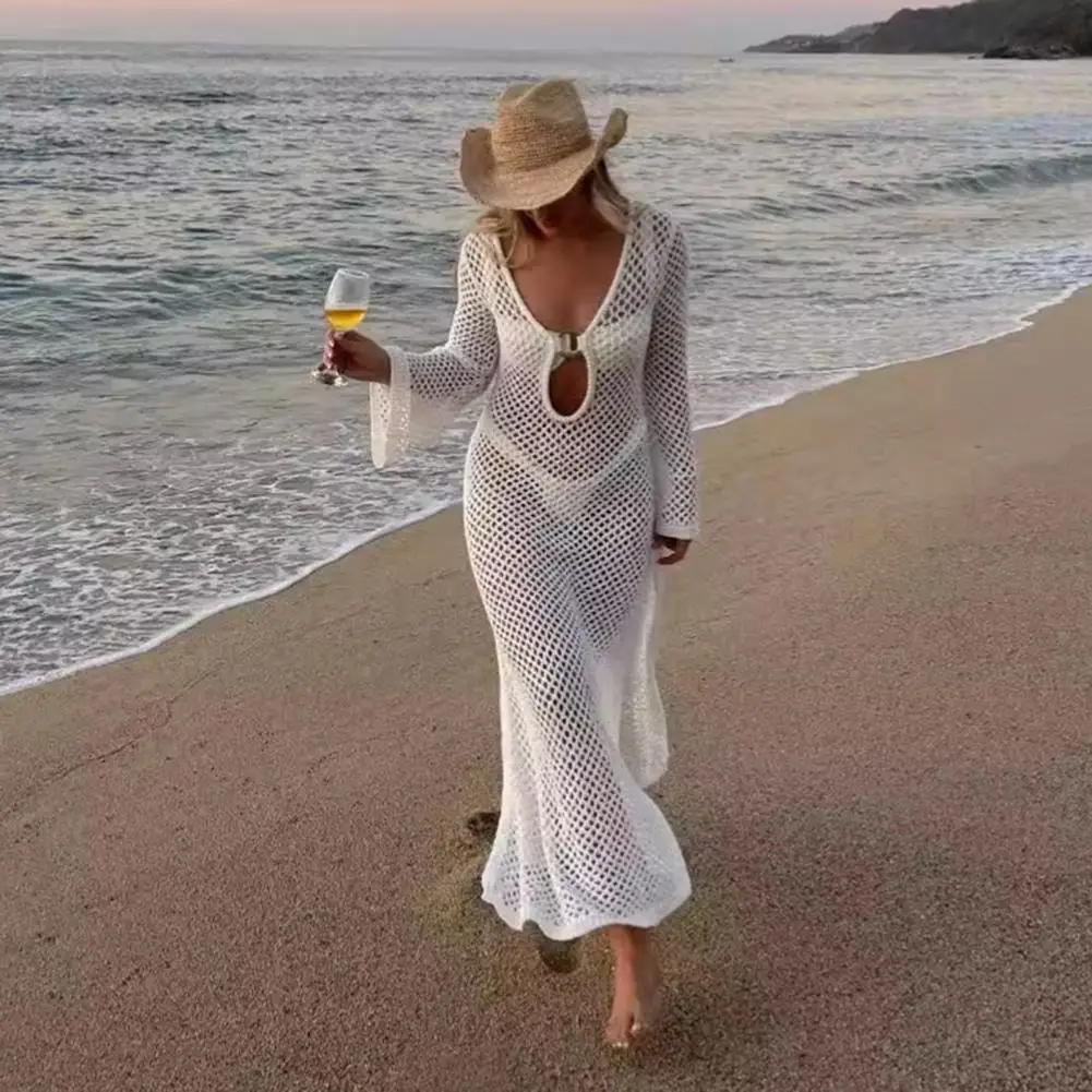 

Hollow Design Beach Dress Stylish Swimwear Cover Up Dress with Long Sleeves Crochet Beachwear for Women Sexy for Summer
