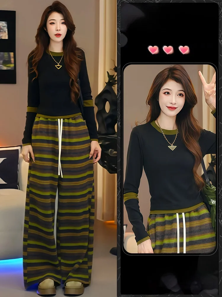 

Casual Spor Women's Stripe Straight Leg Pants And Top Set Two-Piece Spring Autumn High Waist T-irt Warm Midweight No Filling