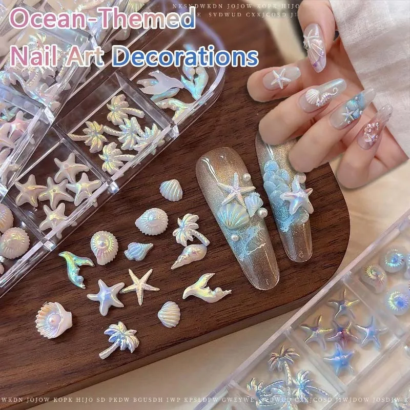 Mixed Summer Aurora Shell Nail Rhinestone Ocean Theme Starfish Coconut Tree Resin Nail Charm Decoration DIY Manicure Accessories