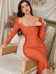 Fashion New Women's V-neck Bandage Dress Sexy Full Sleeve Solid Celebrity Bodysuit Club Evening Midi Party Dress Vestidos