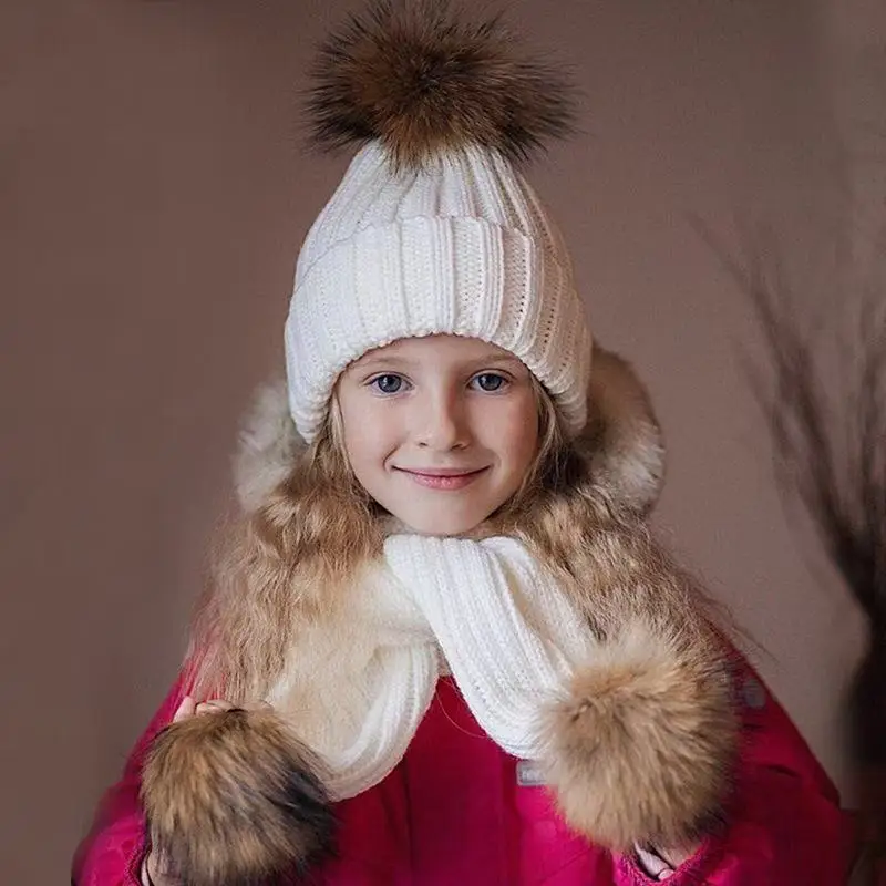 Winter hatsParent-Child l Natural Fur Ball Caps Cute Baby fur Pompon Hat Scarf Sets rea Mother Kids Warm Knitted Hats Winter