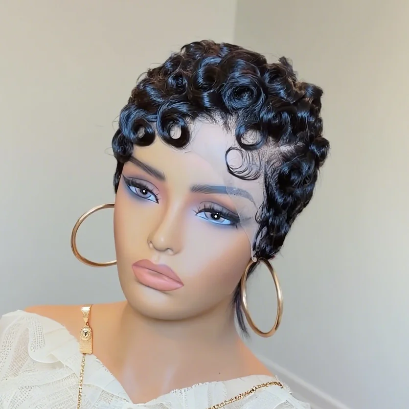 

13x4 Lace Front Human Hair Wig for Women Short Layered Pixie Cut with Bangs Natural Black Dark 99J ColorCurly Wavy Hair