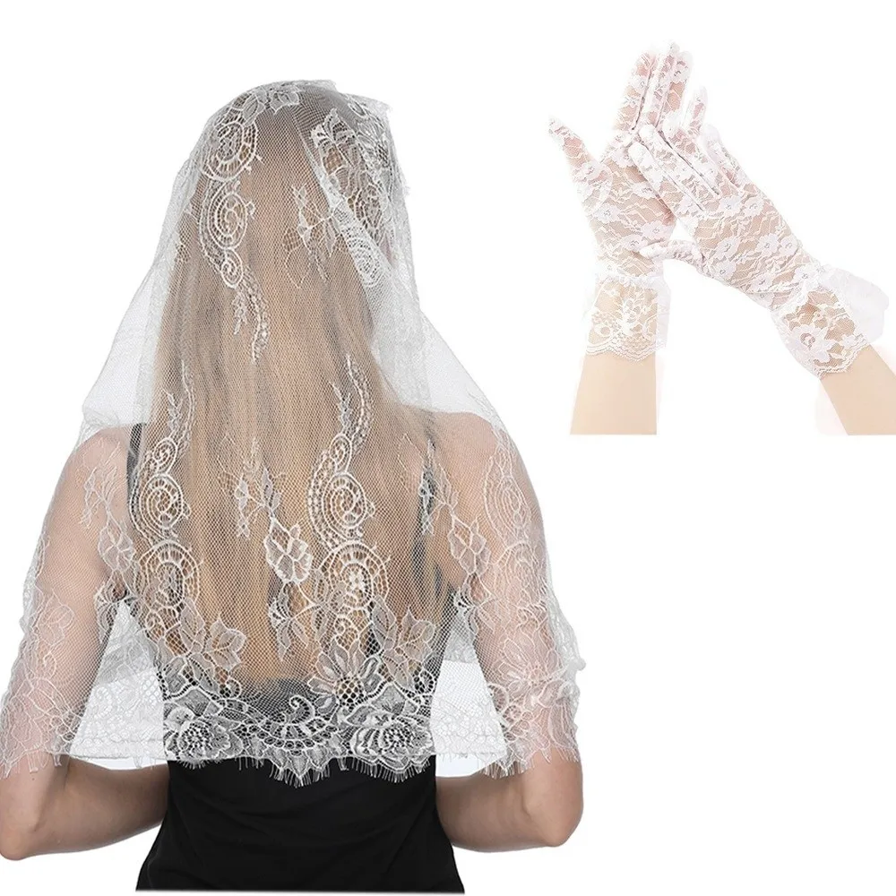 

Fashion Vintage Lace Flower Hair Scarf With Gloves Thin Bandanas for Women Bohemian Cute Triangle Head Scarf Pastoral Style
