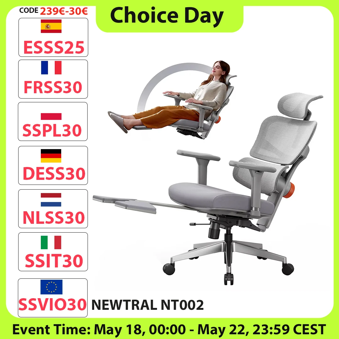 NEWTRAL NT002 Silla ergonómica Soporte adaptable para la parte inferior de la espalda con reposapiés 4 ángulo reclinable respaldo ajustable reposabrazos reposacabezas