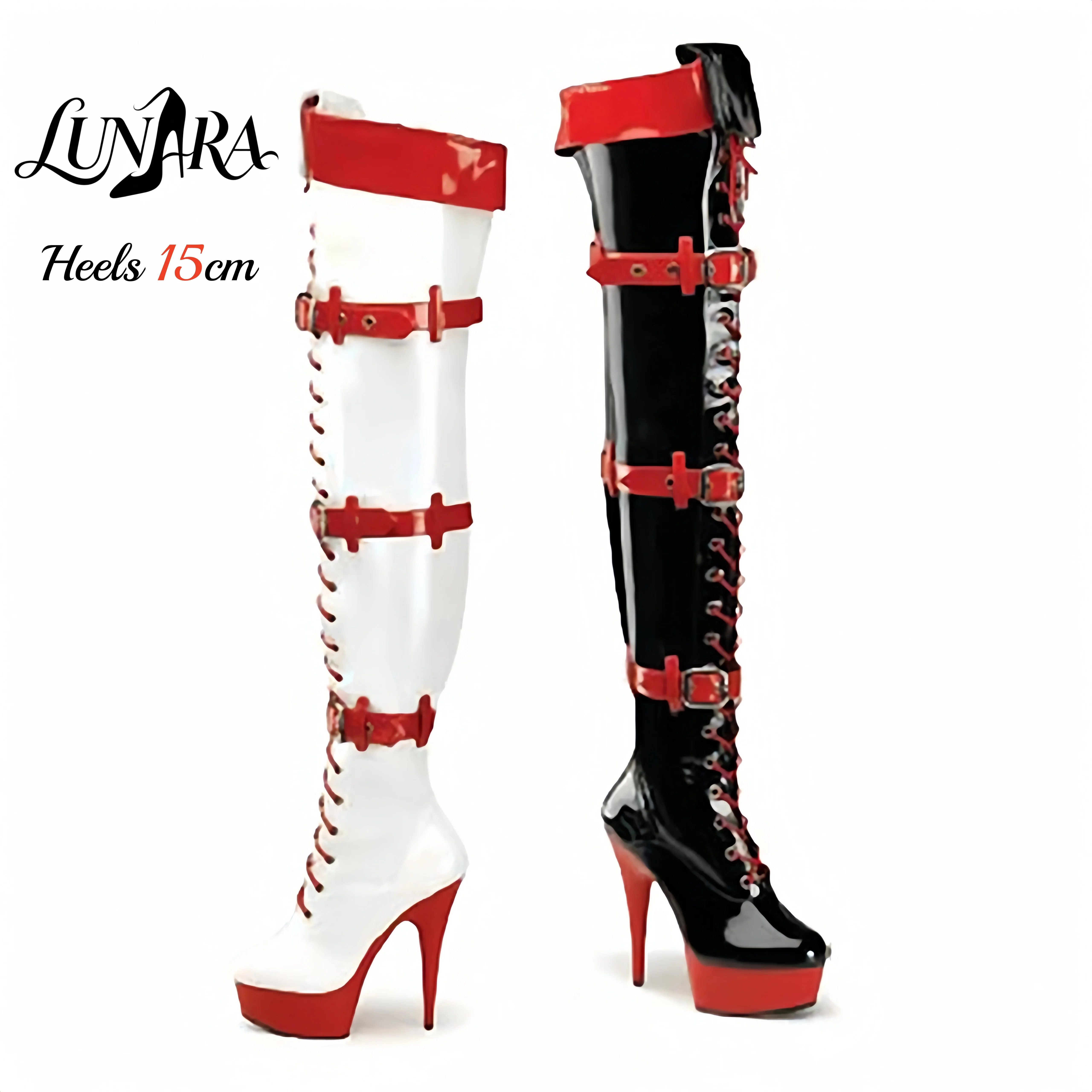15cm/6Inch Black/White Patentleather Lace-up Buckle Platform Stilettos Thigh high boots Stripper shoes Pole dance Nightclub Rave