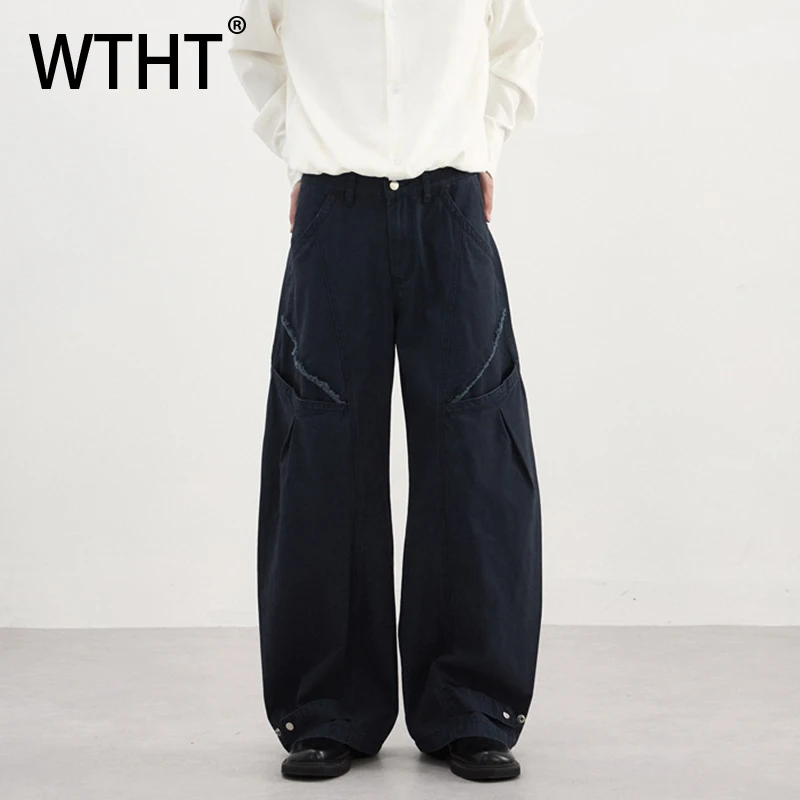 

WTHT Fashion Men's Burr Edge Spliced Solid Color Cargo Pants Trendy Wide Leg Loose Straight Trousers Male 2025 Winter 2A2522