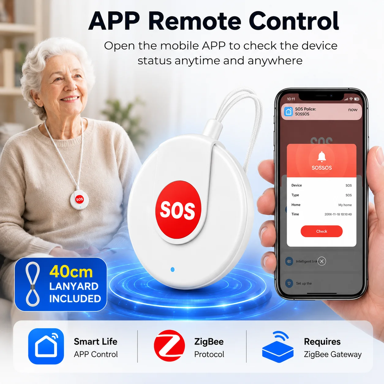Bouton d'urgence SOS Tuya ZigBee sans fil, notification via l'application Smart Life, bouton anti-panique portable avec cordon de 40 cm, nécessite une passerelle