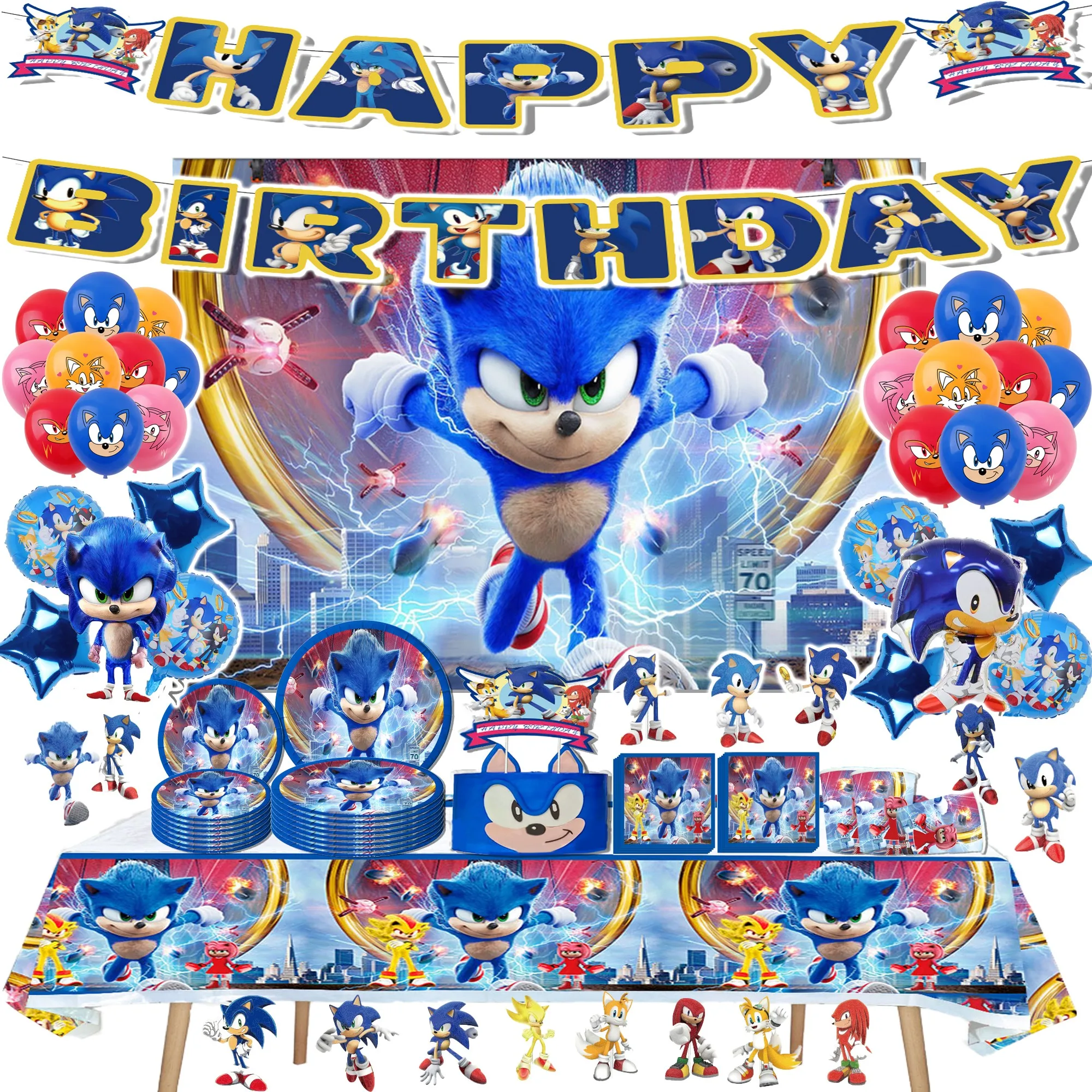 Juego Sonic Pants, plato de cubiertos para fiesta de cumpleaños, pancarta desechable, adorno para pastel, bandera colgante, juego de globos sónicos, decoraciones de cumpleaños