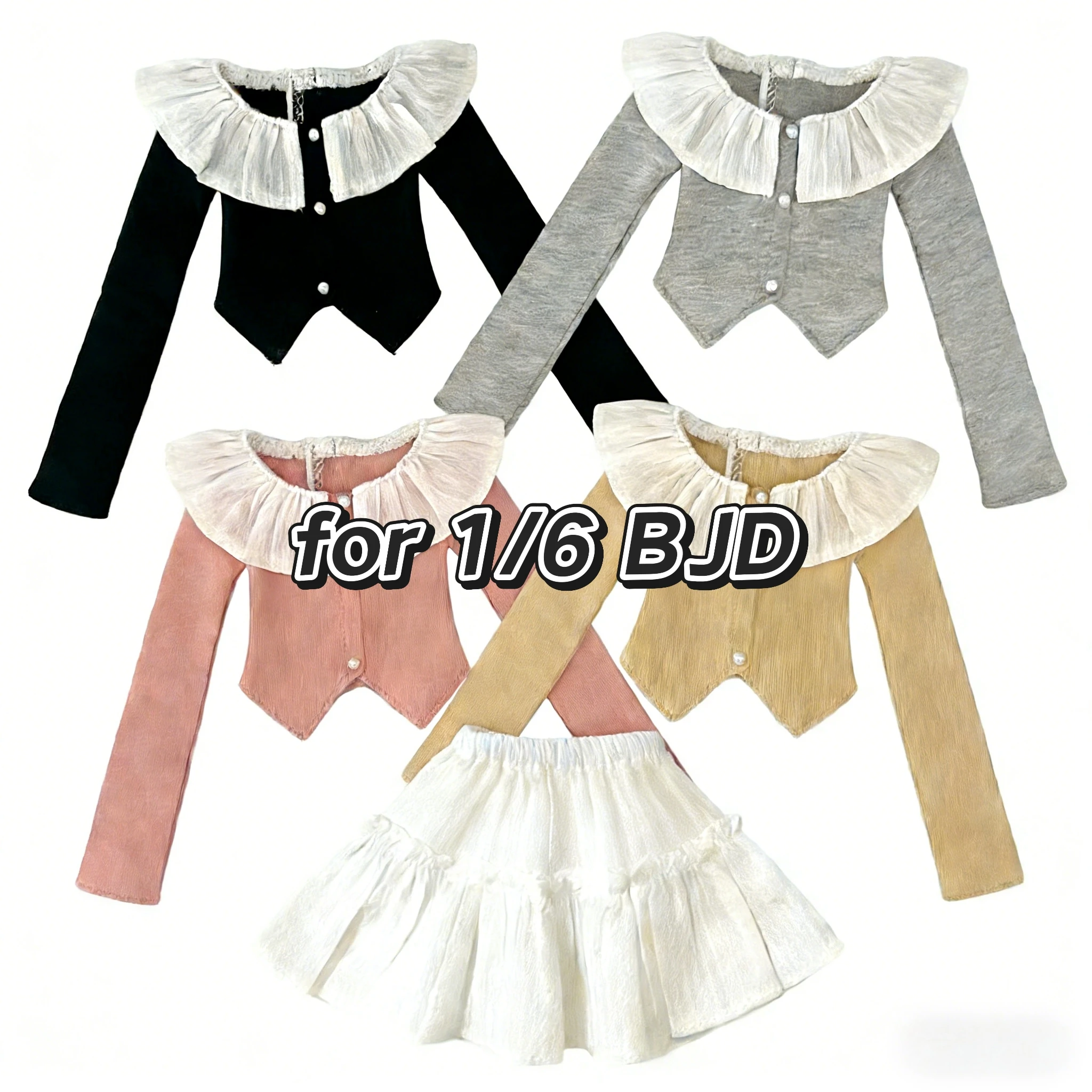 

BJD (1/6 BJD Doll Clothes) Baby Clothes Ruffled Lotus Collar Long Sleeve Slit T-shirt White Broken Pleated Skirt