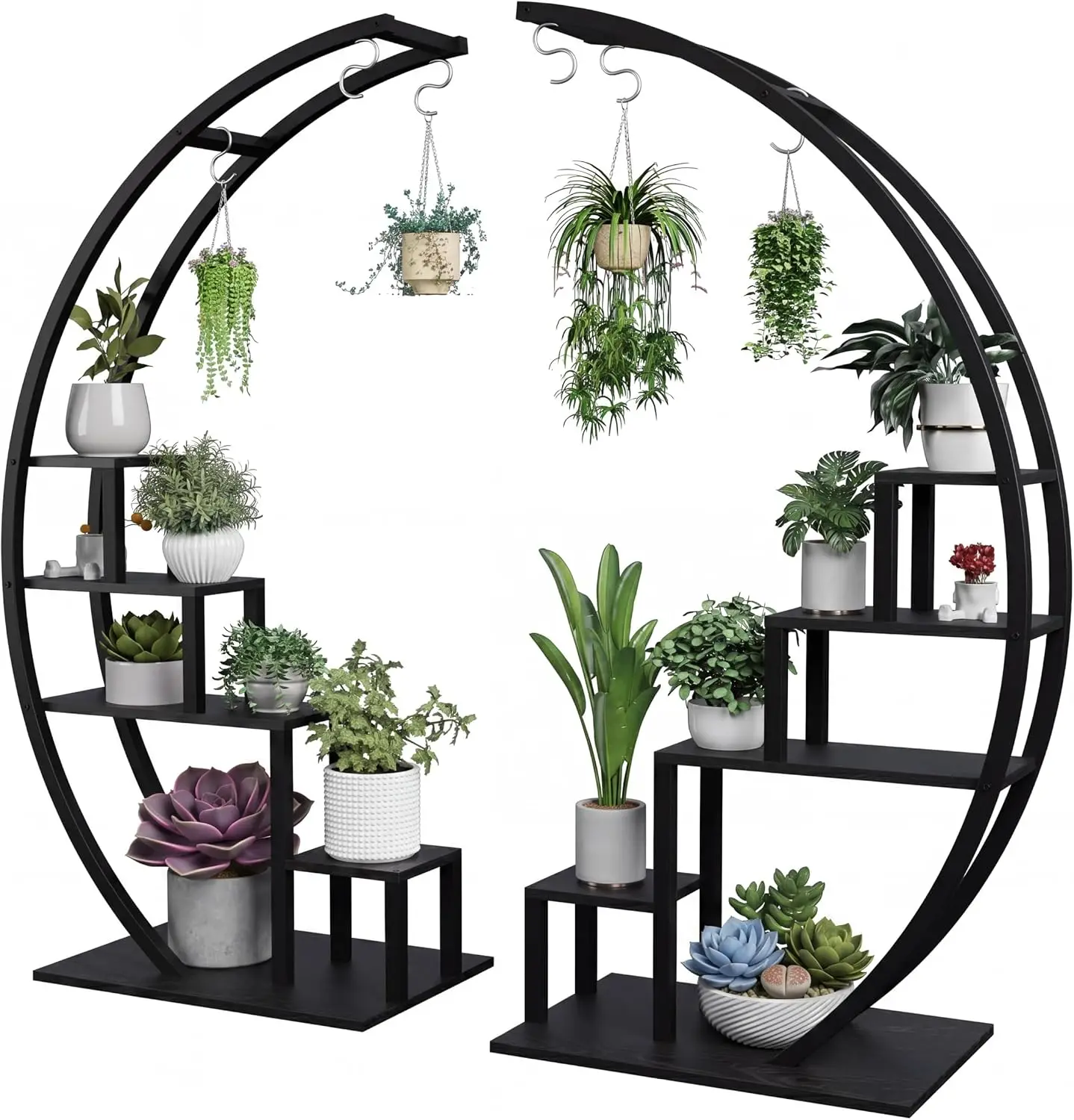 5 Tier Metal Plant Stand Pack of 2, Half-Moon Shape Plant Rack with Hanging Hooks, Tall Ladder Flower Display Shelf, Plant Holder for Home Decor, Garden, Balcony (Black)