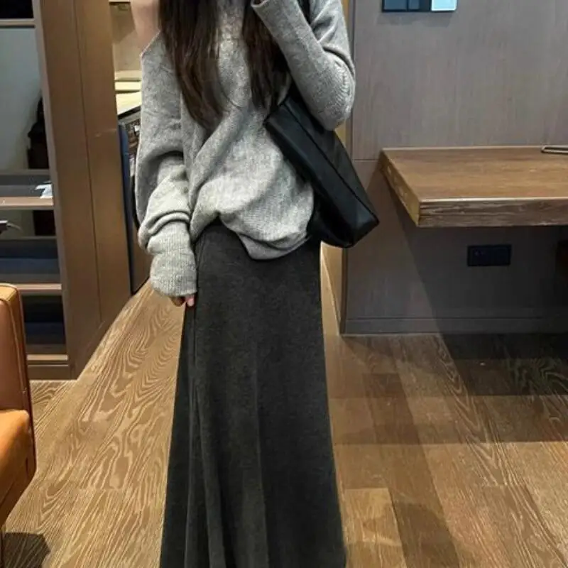 Dames retro donkergrijs zacht fleece gevoerd dik gedrapeerd a-lijn zeemeermin lange rok voor herfst winter nieuwe elegante mode rok