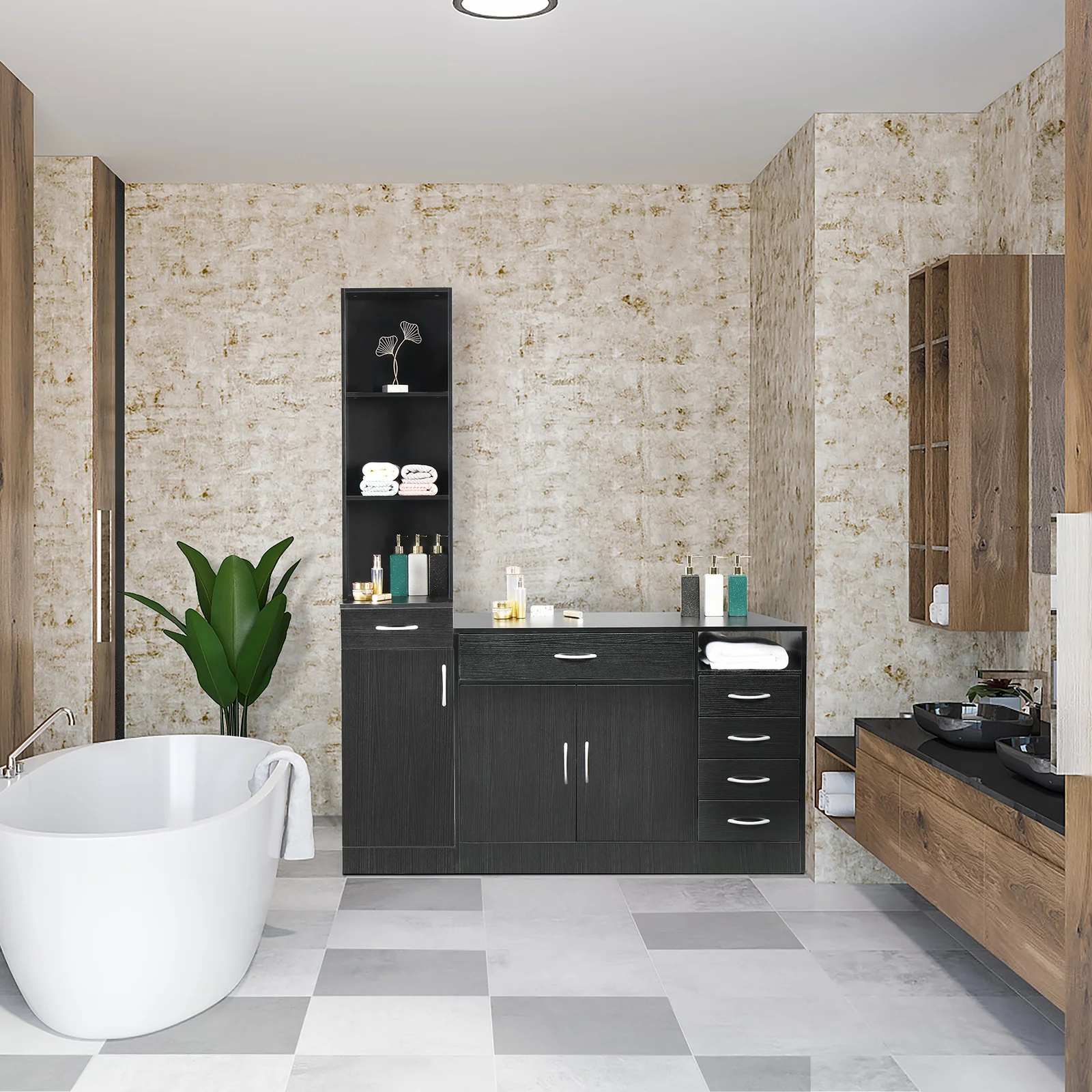 FCH Bathroom Cabinet Combination 105x40x74/34x28x178CM 2 Sizes Cabinet MDF With Triamine Black[US-Stock]