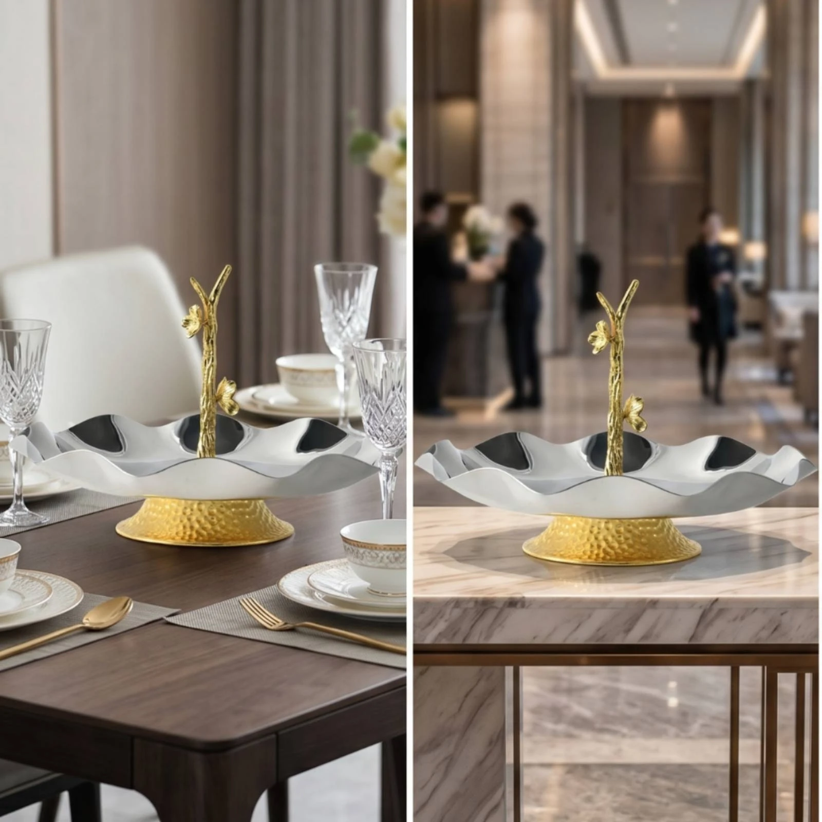 Decorative Tray with Pedestal Wavy Stainless Steel Tray with Stem Bowl Textured Serving Dish Rust-Resistant for Home Decorators