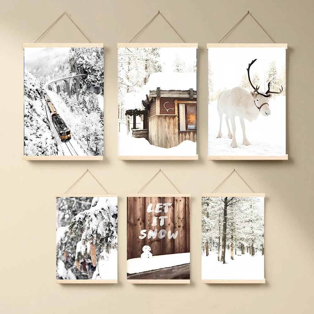 

Winter Scenery Picture Wood Hanging Scroll Painting Wall Art Elk Wild Tree Landscape Poster Print Christmas Home Living Room Dec
