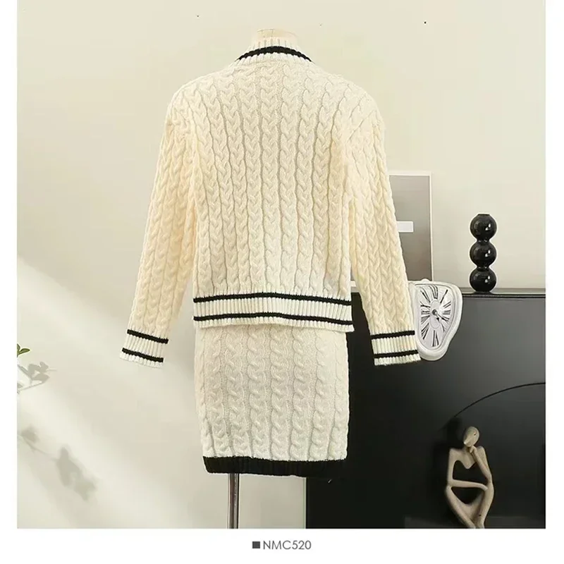 Women Preppy Style Winter Set Long Sleeved Knit Tops and Skirt Set Loose Sweater+Casual High Waist Bodycon Mini Skirt Fall Suit