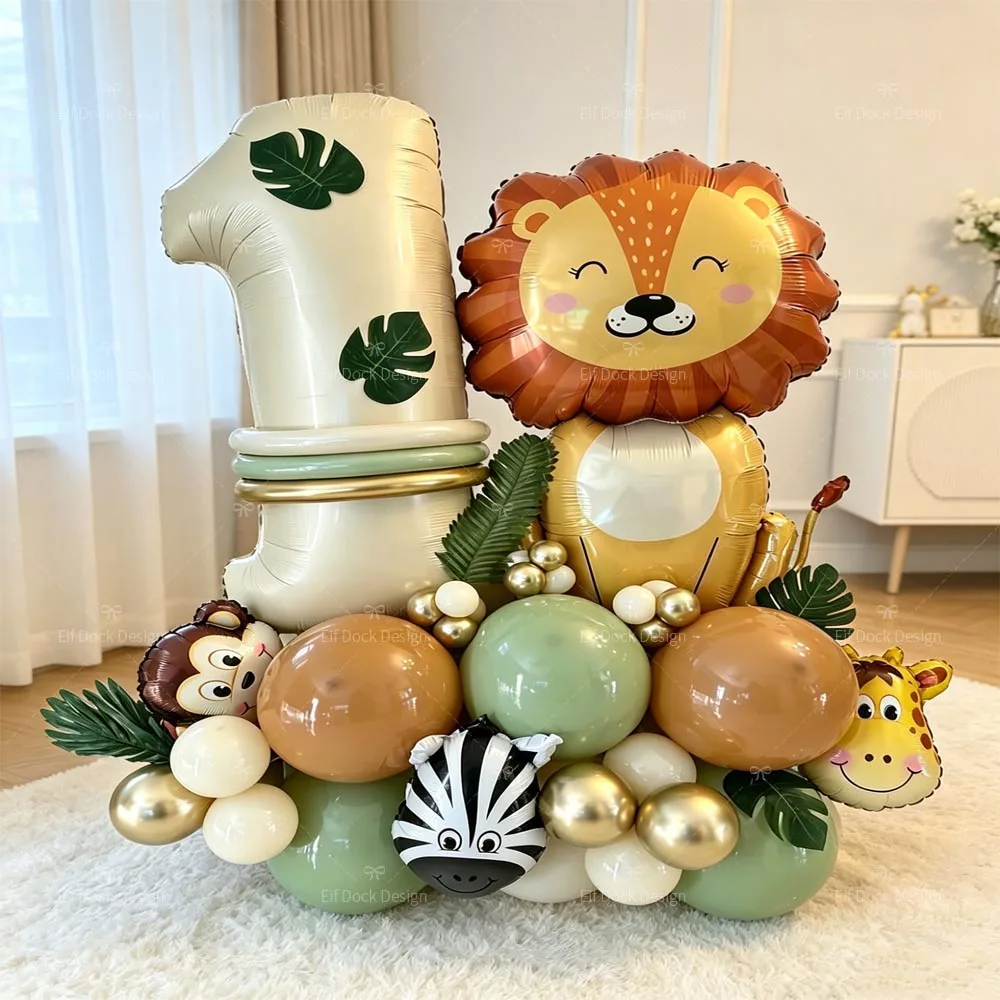 1 Set Dschungeltier-Thema Cartoon Löwe Giraffe Zebra Affe Folienballon 40 Zoll Creme Farbige Zahl Geburtstagsparty Dekorationszubehör