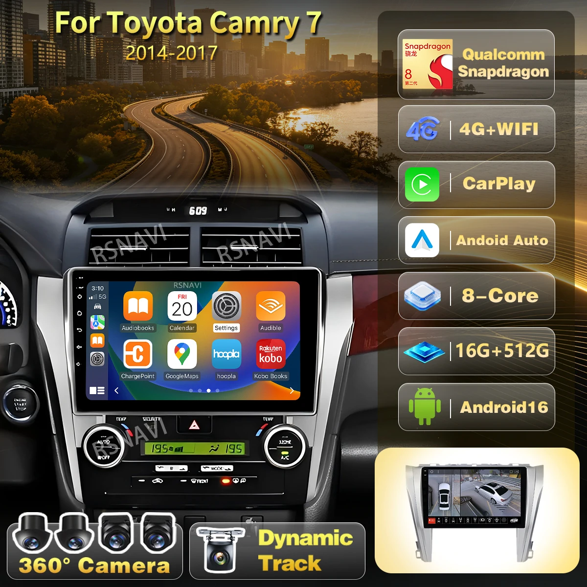 Radio para Auto Android 16 para Toyota Camry 7 XV 50 55 2011 - 2014 2K QLED CarPlay Reproductor Multimedia AUTO con GPS, Estéreo y Cámara 360