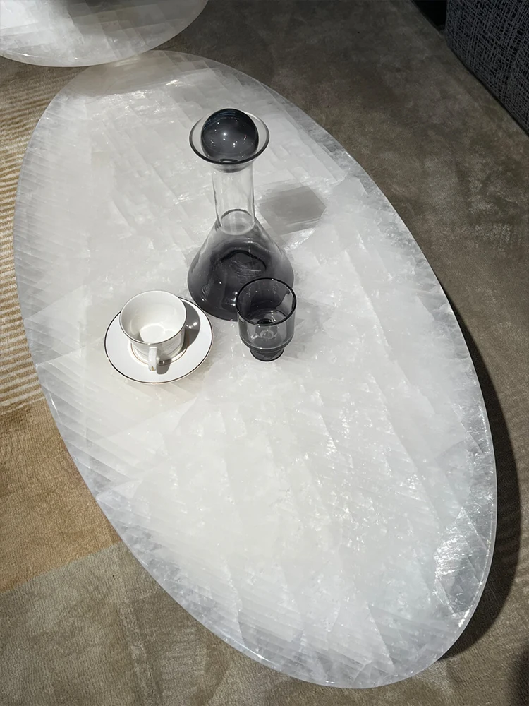 oz- Oval Glacier Stone Coffee Table Set, Italian Minimalist S White Jade Table, Heat Resistant & Translucent, Master Design-