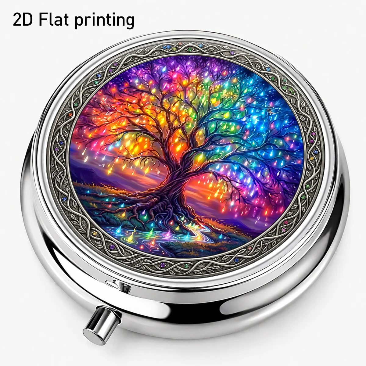 Single pack, flat, round box, round metal box with a Tree of Life fantasy pattern, three-compartment portable storage box, organizer box, used for storing small items, supplements, medication, and vitamins