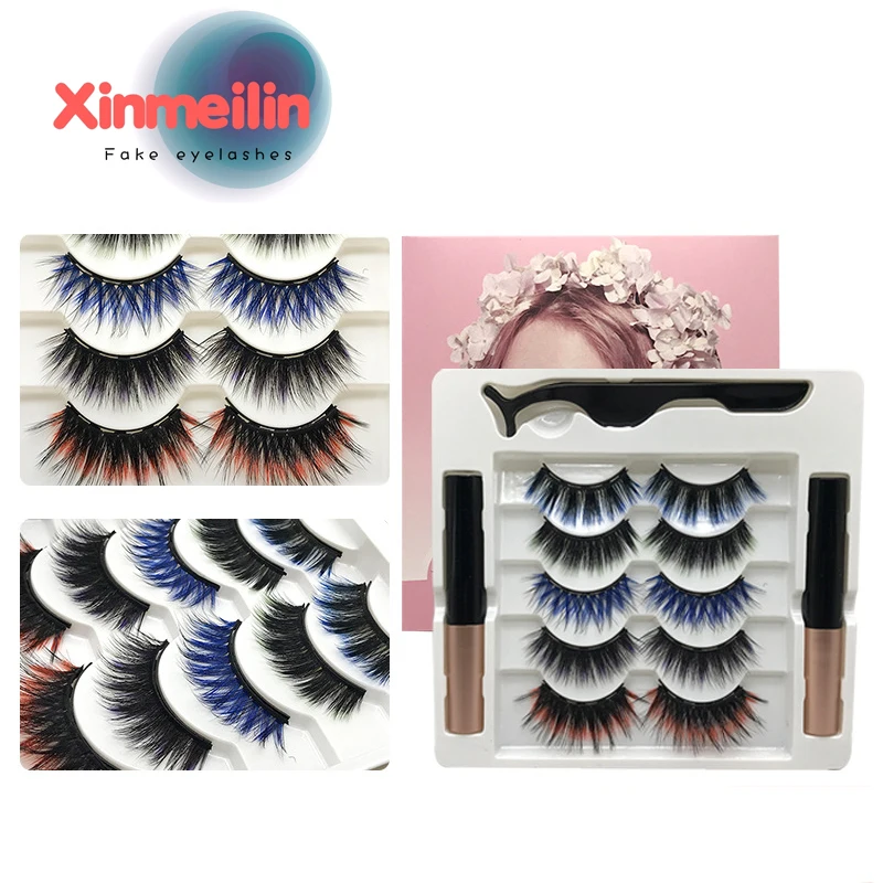 

5 Pairs Colorful Magnetic Fake Eyelashes Set 2 Magnetic Eyeliners Tweezers Reusable Mixed Colors False Lashes Cosplay Easy wear