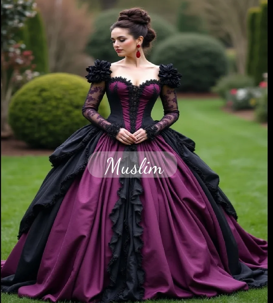 

Celtic Black And Purple Gothic Wedding Dress Ball Gown Lace Long Sleeve Victorian Renaissance Bride Dress 1850s Viking Elf Bride