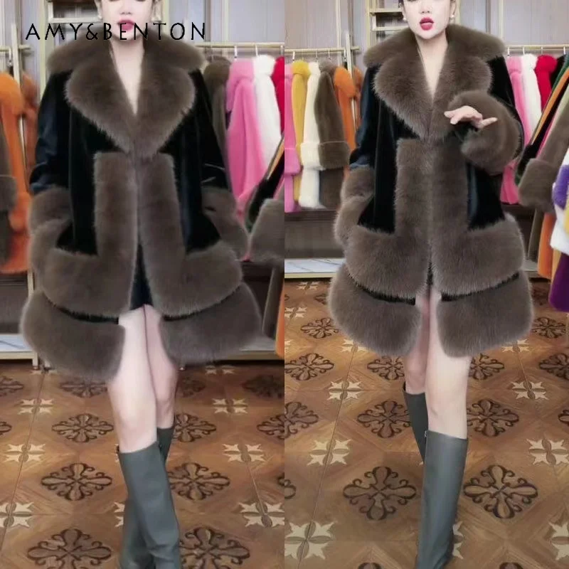 2023 Fashion Elegant Warm Thick Faux Fox Fur Socialite Big Fur Collar Coat Mink Furry High-End Overcoat Jackets Women's Clothing