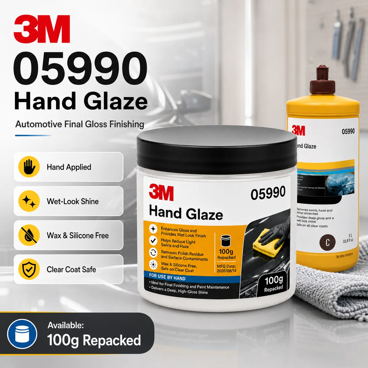 3M 05990 Hand Glaze High Gloss Wet Look Finish Wax Silicone Free for Automotive Paint Clear Coat Car Detailing 100g Repacked