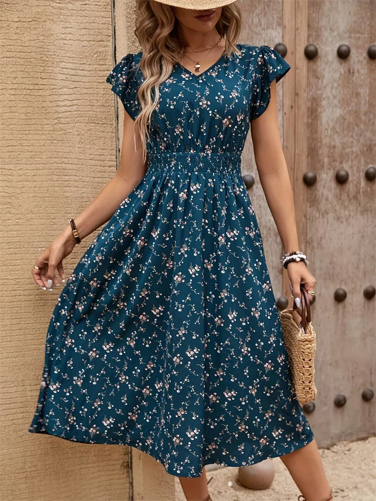 2024 New Elegant Floral Dress Lady TemperamentSmocking Back Waist Elastic a Swing Short Sleeve Dress Women's Clothing